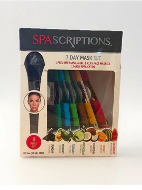 SpaScriptions 7 Day Mask Set 8 Piece Face Kit Charcoal Avocado Gel Clay Peel-Off